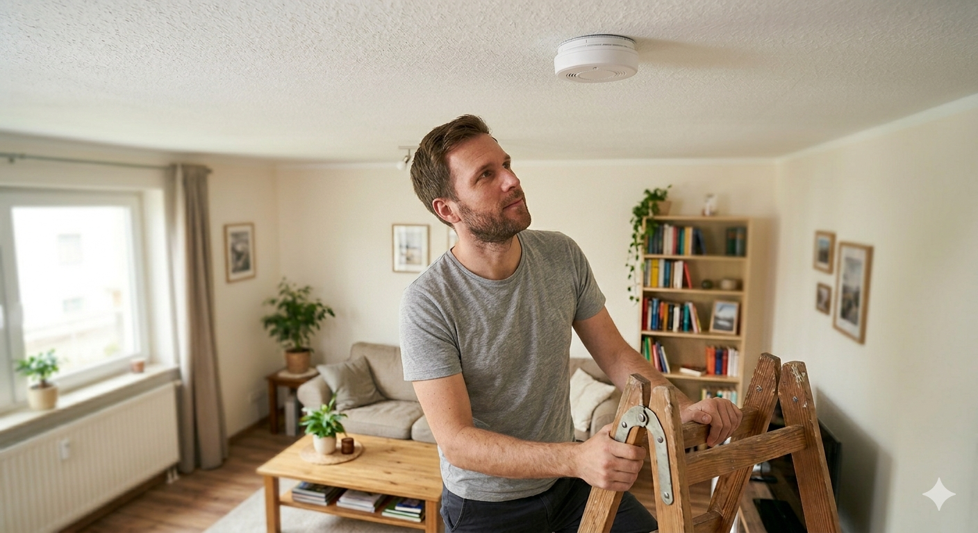 mann der im wohnzimmer seinen rauchmelder überprüft